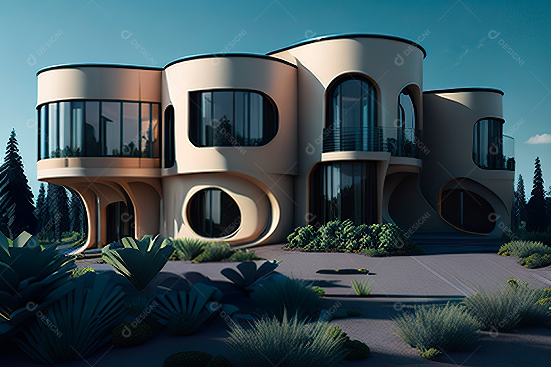 Vila 3D estilo sonhador imaginário retrô futurista casa moderna