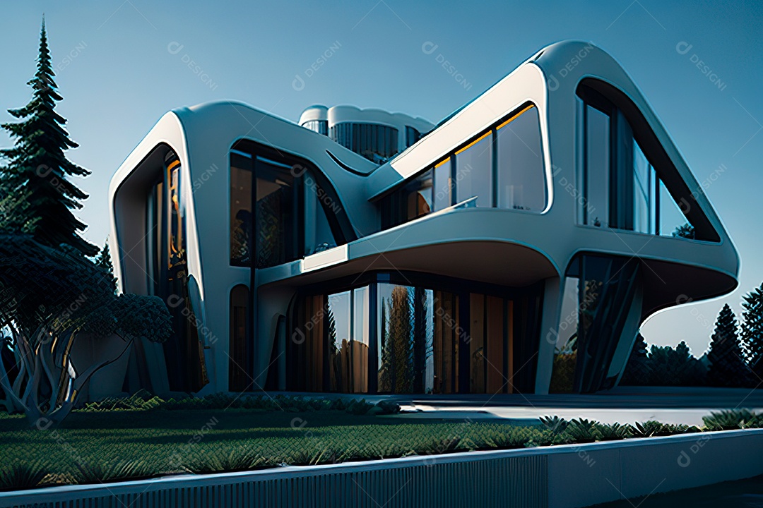 Vila 3D estilo sonhador imaginário retrô futurista casa moderna