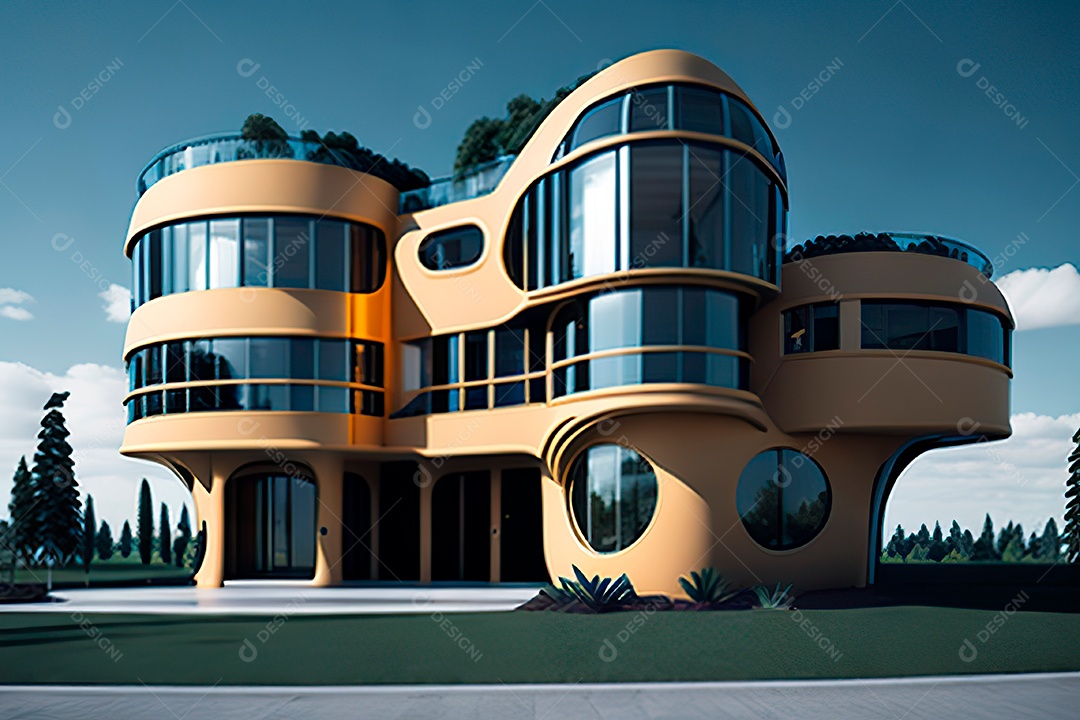 Vila 3D estilo sonhador imaginário retrô futurista casa moderna