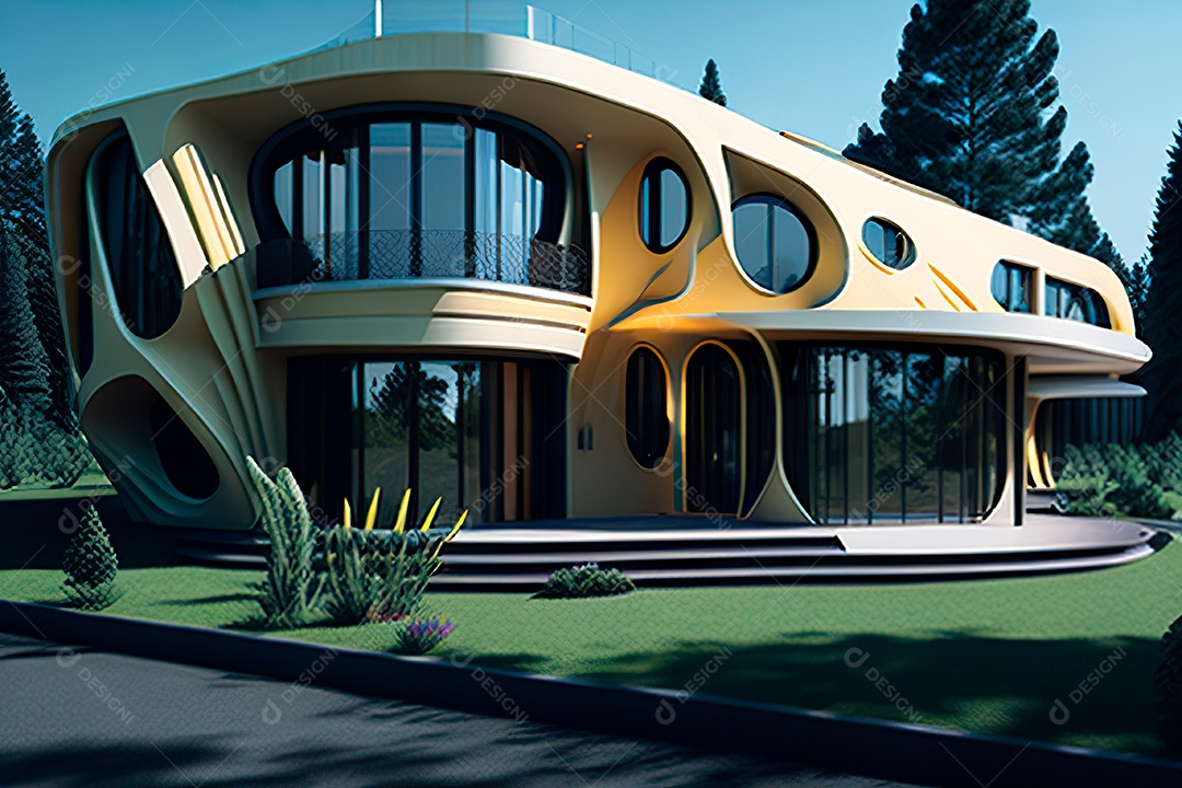 Vila 3D estilo sonhador imaginário retrô futurista casa moderna