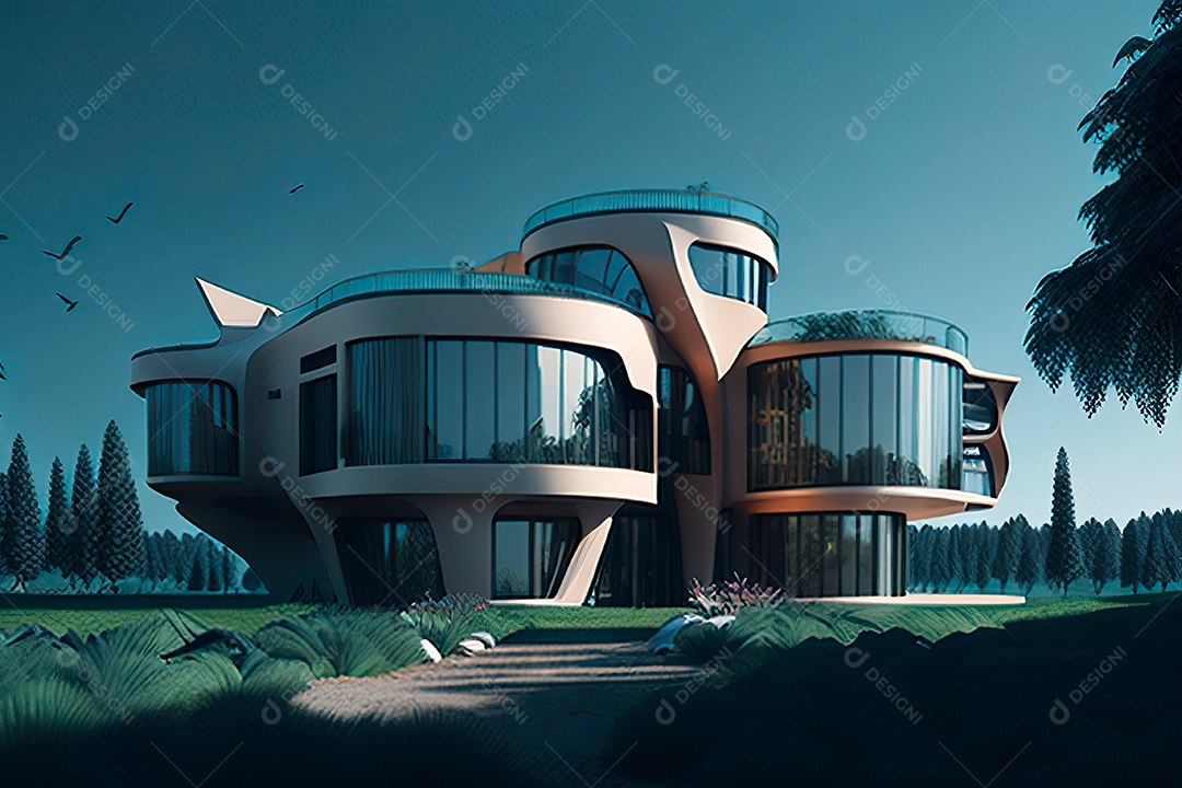 Vila 3D estilo sonhador imaginário retrô futurista casa moderna