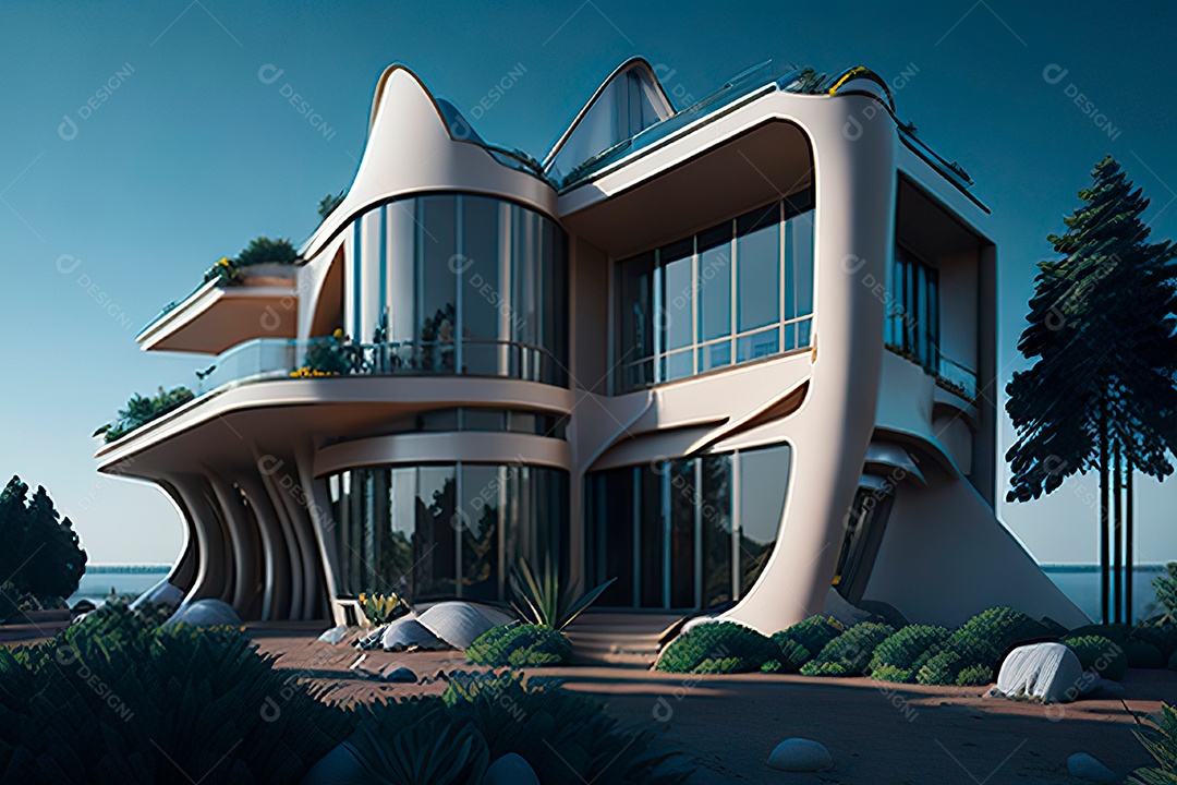 Vila 3D estilo sonhador imaginário retrô futurista casa moderna