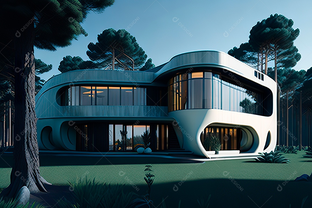 Vila 3D estilo sonhador imaginário retrô futurista casa moderna