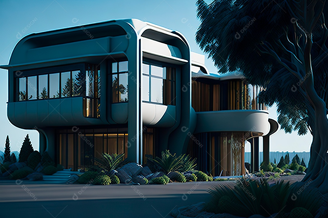 Vila 3D estilo sonhador imaginário retrô futurista casa moderna