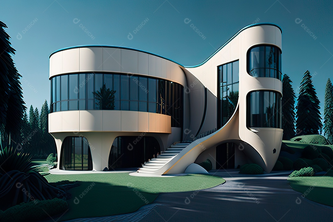Vila 3D estilo sonhador imaginário retrô futurista casa moderna