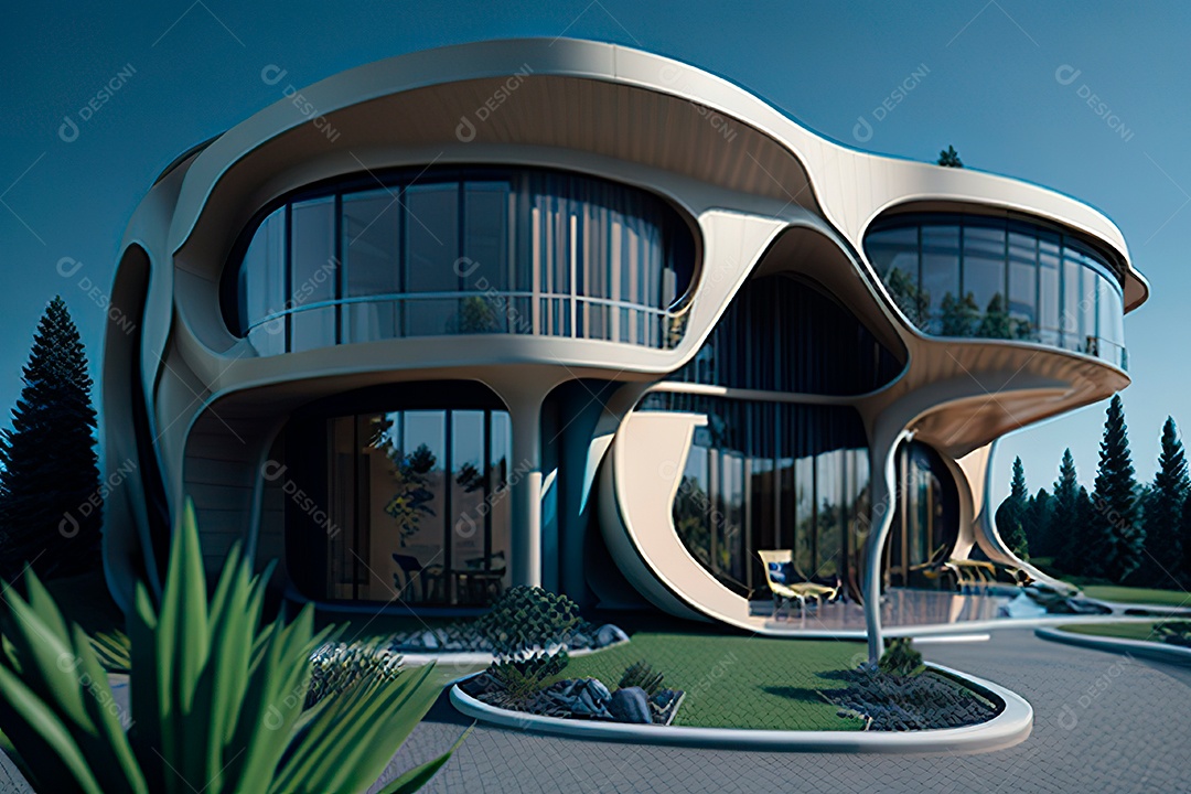 Vila 3D estilo sonhador imaginário retrô futurista casa moderna