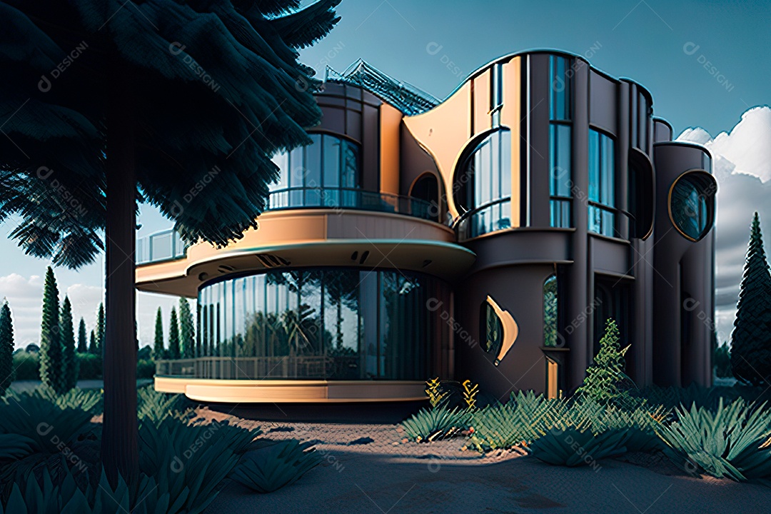 Vila 3D estilo sonhador imaginário retrô futurista casa moderna