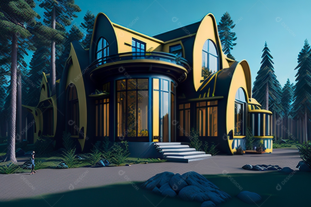 Vila 3D estilo sonhador imaginário retrô futurista casa moderna