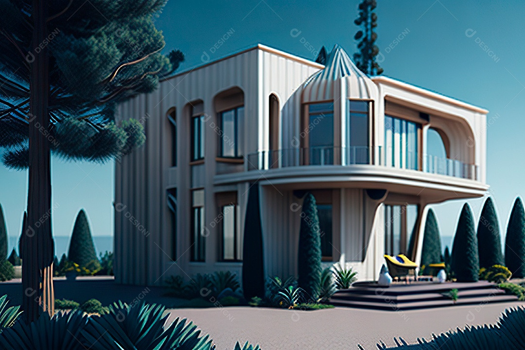 Vila 3D estilo sonhador imaginário retrô futurista casa moderna