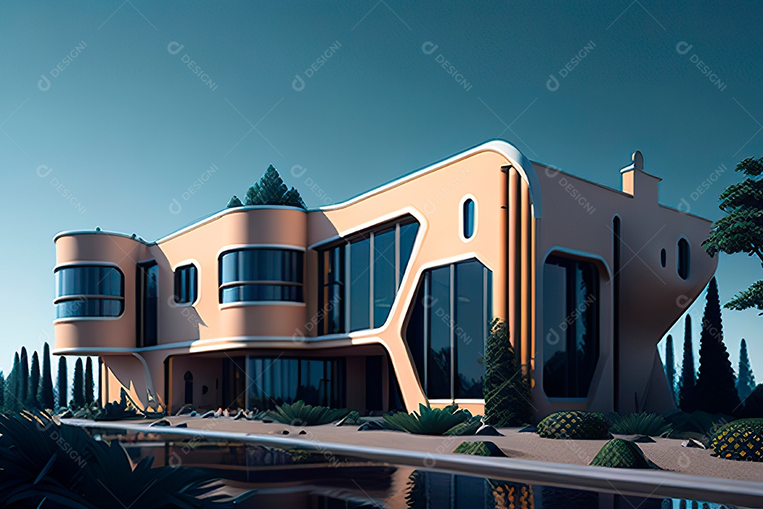 Vila 3D estilo sonhador imaginário retrô futurista casa moderna
