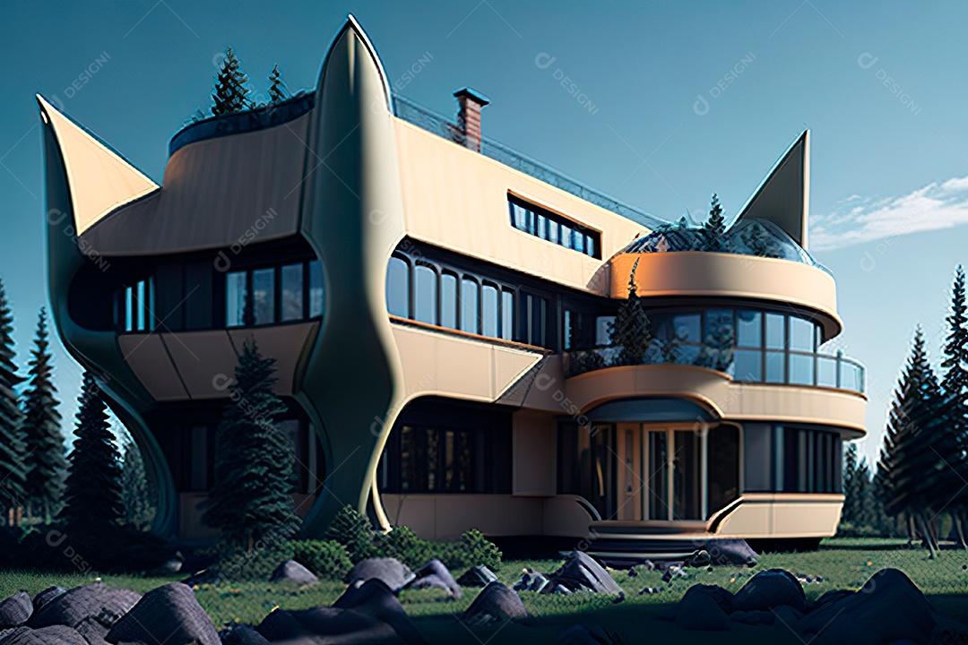 Vila 3D estilo sonhador imaginário retrô futurista casa moderna