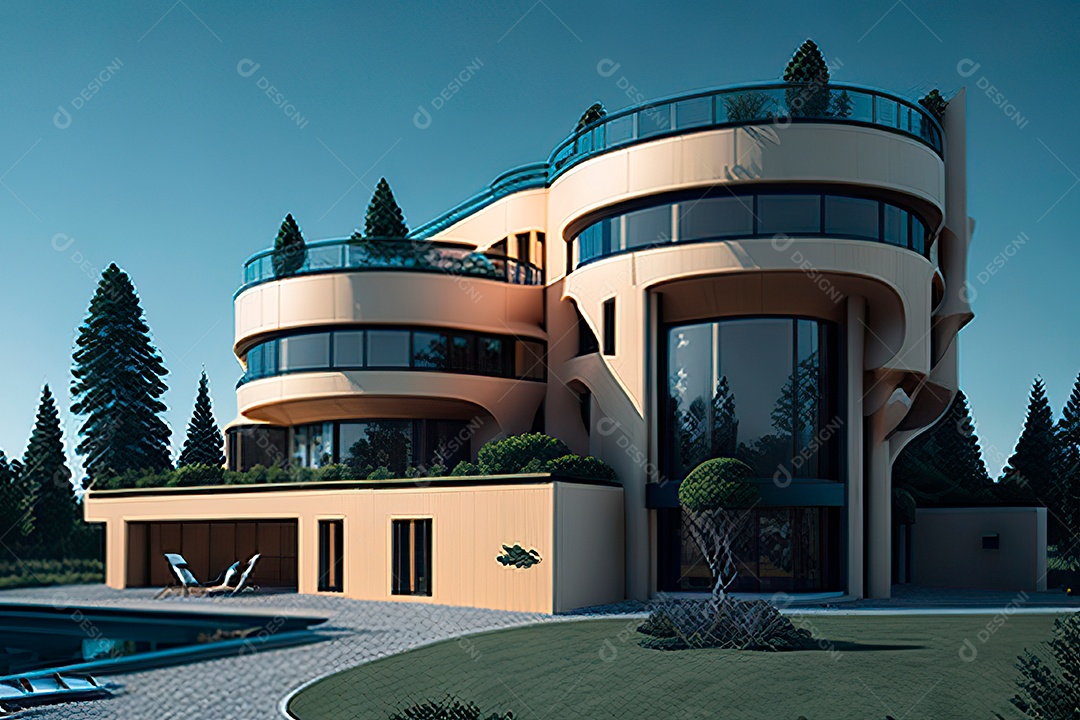 Vila 3D estilo sonhador imaginário retrô futurista casa moderna