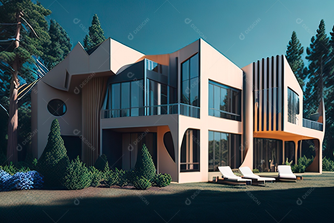 Vila 3D estilo sonhador imaginário retrô futurista casa moderna