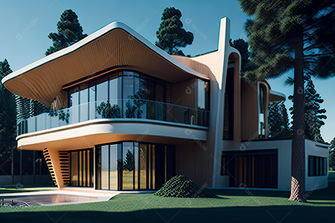 Vila 3D estilo sonhador imaginário retrô futurista casa moderna