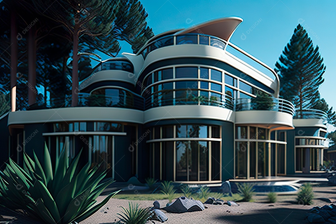 Vila 3D estilo sonhador imaginário retrô futurista casa moderna
