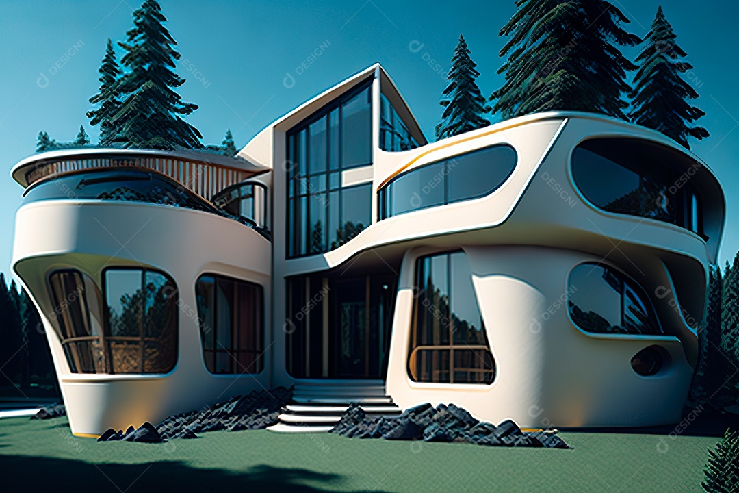 Vila 3D estilo sonhador imaginário retrô futurista casa moderna
