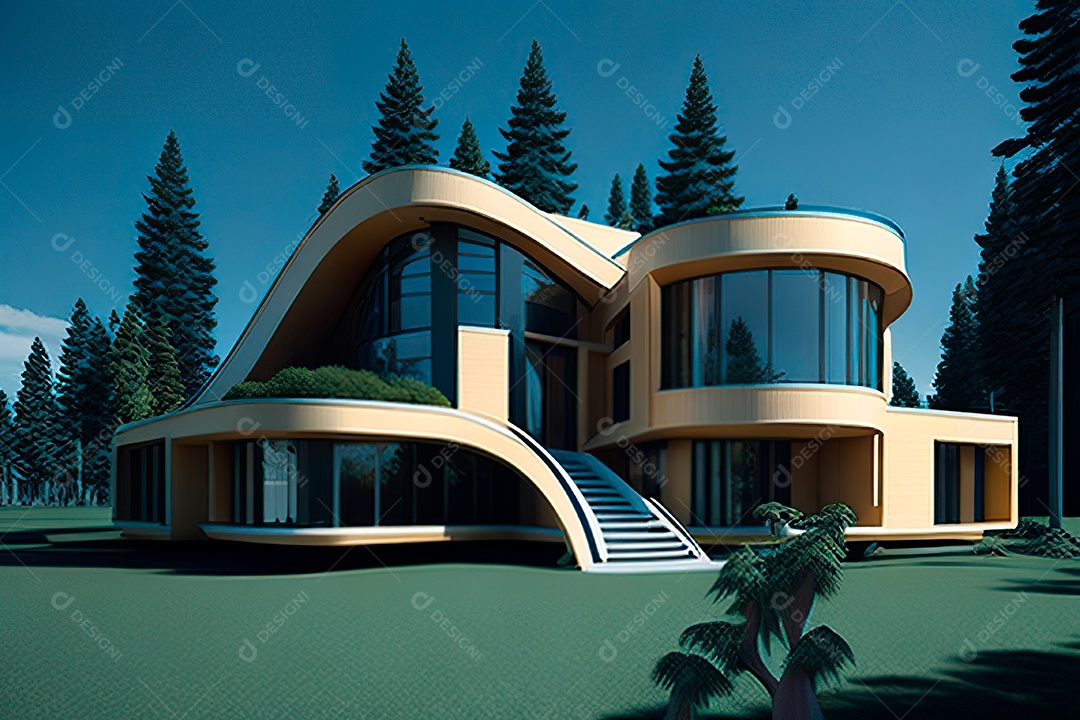 Vila 3D estilo sonhador imaginário retrô futurista casa moderna