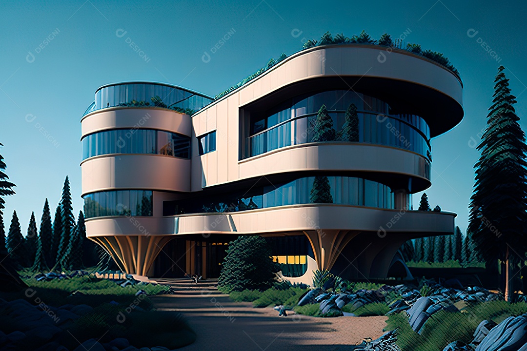 Vila 3D estilo sonhador imaginário retrô futurista casa moderna