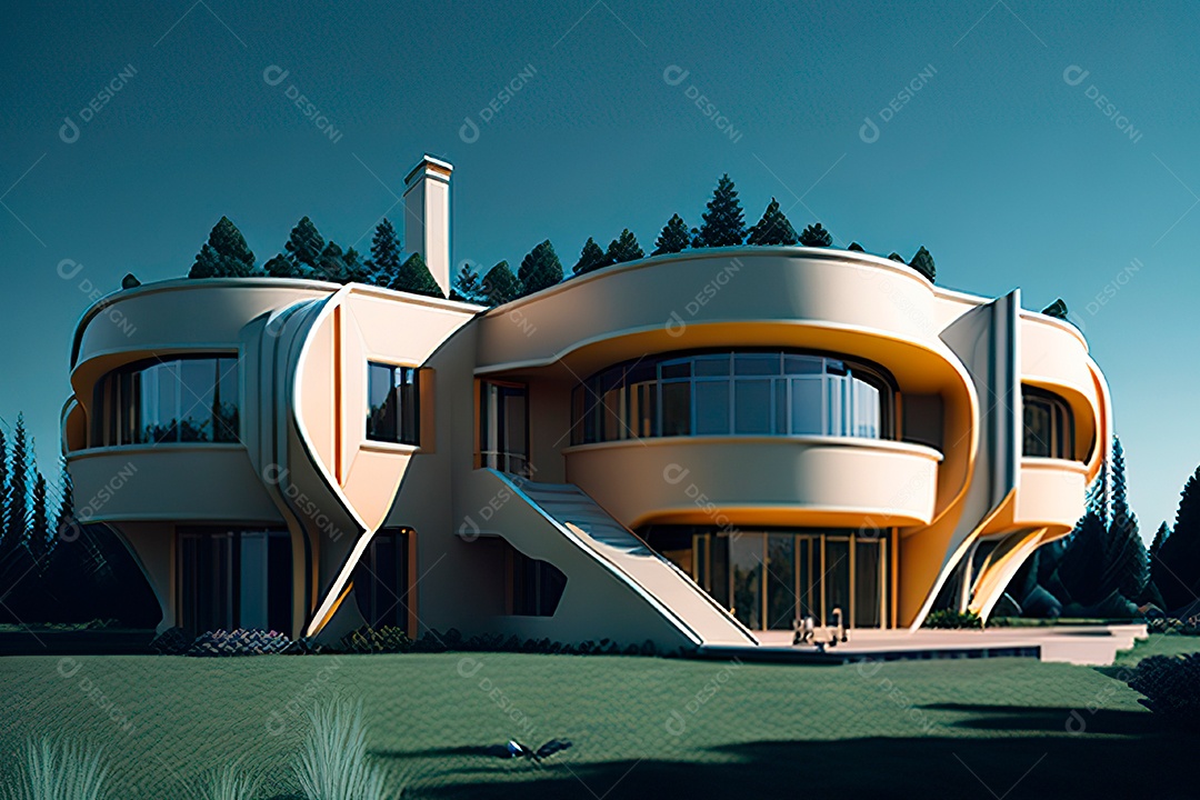 Vila 3D estilo sonhador imaginário retrô futurista casa moderna