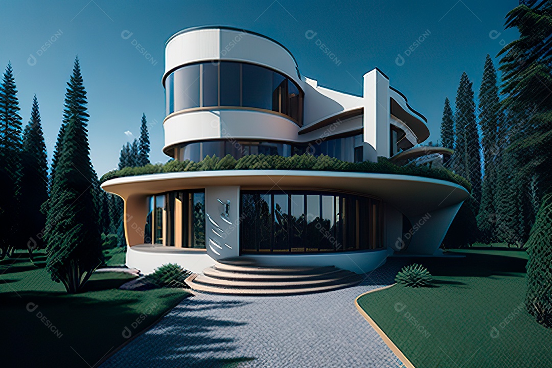 Vila 3D estilo sonhador imaginário retrô futurista casa moderna