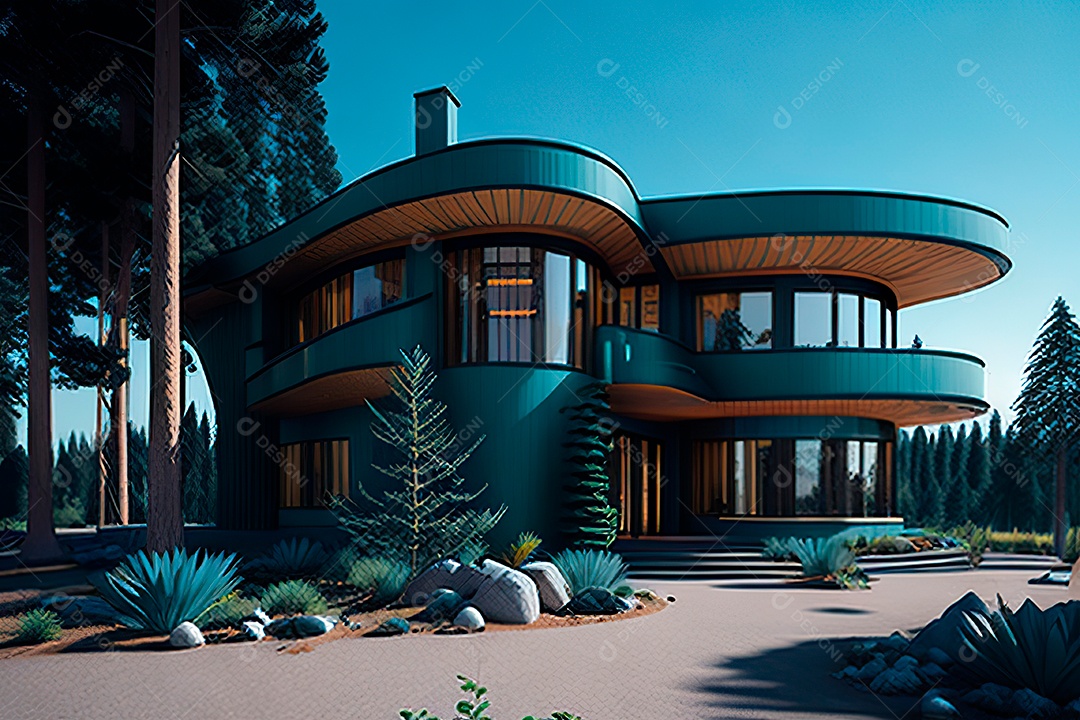 Vila 3D estilo sonhador imaginário retrô futurista casa moderna