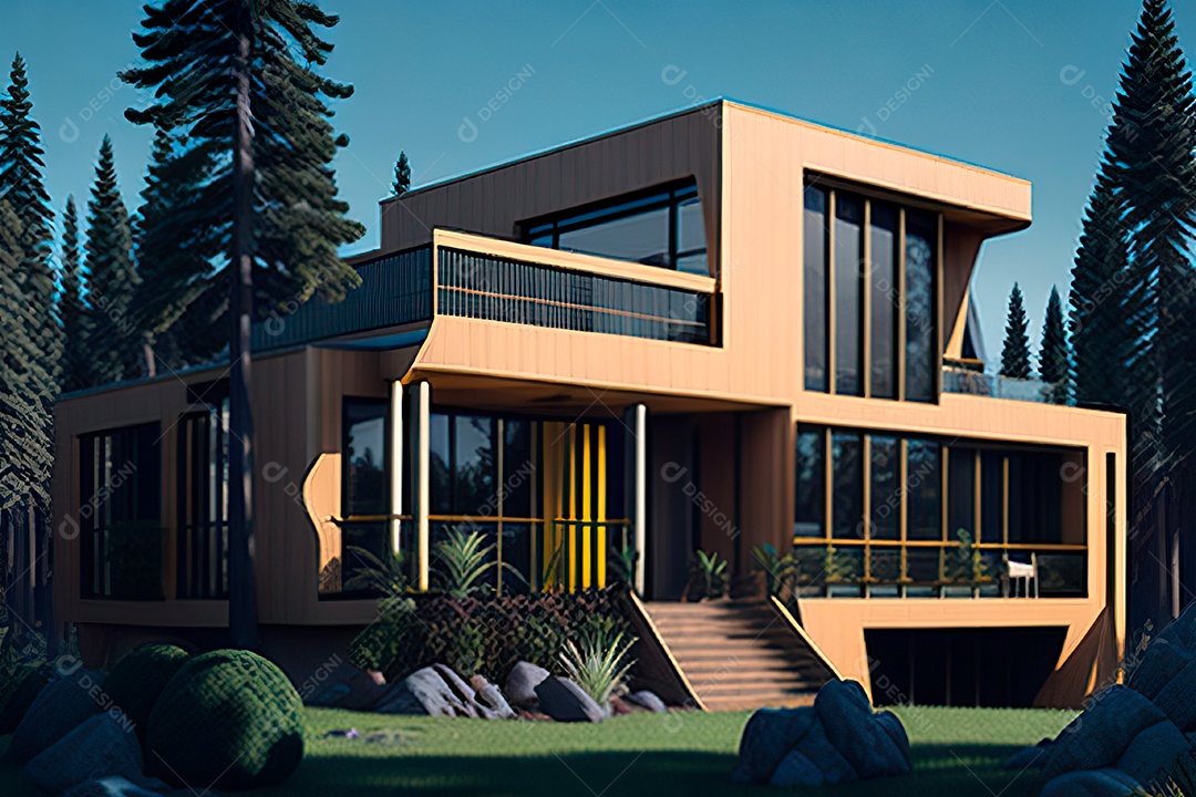 Vila 3D estilo sonhador imaginário retrô futurista casa moderna