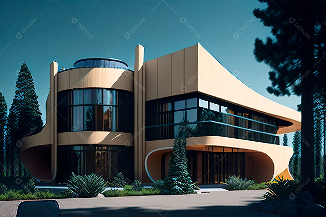 Vila 3D estilo sonhador imaginário retrô futurista casa moderna