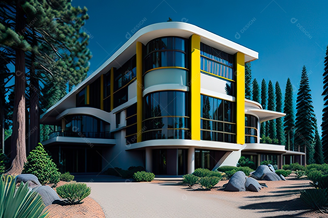 Vila 3D estilo sonhador imaginário retrô futurista casa moderna