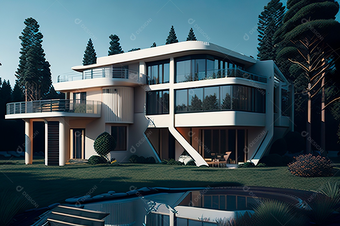 Vila 3D estilo sonhador imaginário retrô futurista casa moderna