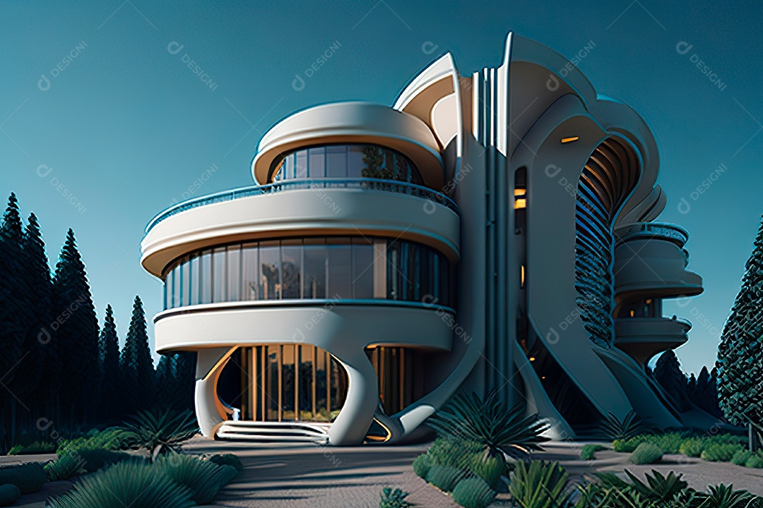 Vila 3D estilo sonhador imaginário retrô futurista casa moderna