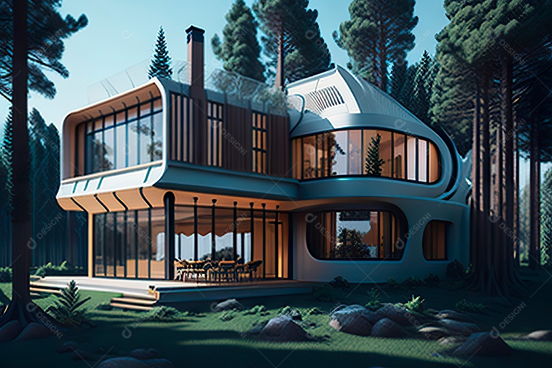 Vila 3D estilo sonhador imaginário retrô futurista casa moderna