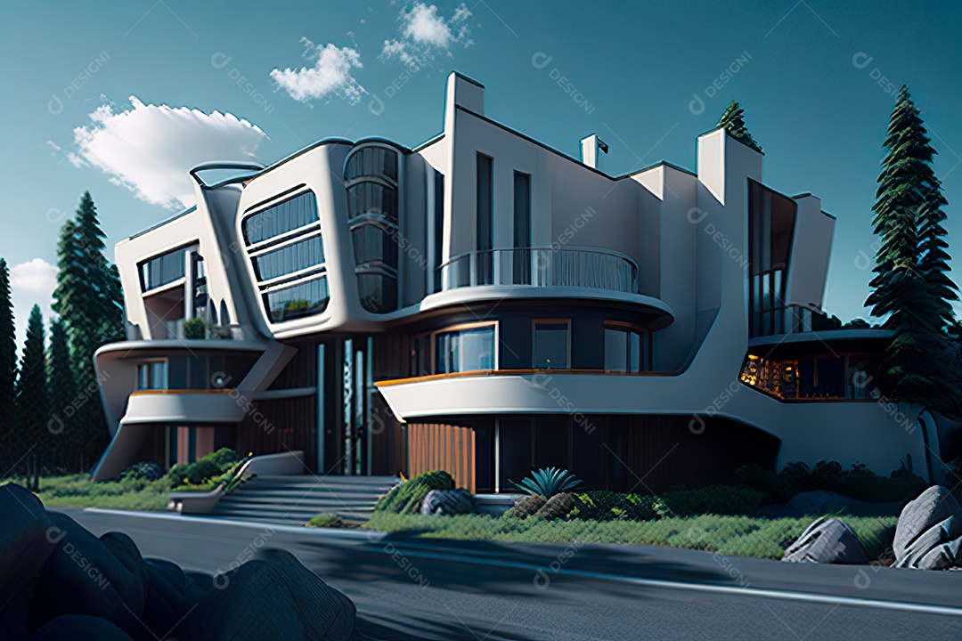 Vila 3D estilo sonhador imaginário retrô futurista casa moderna