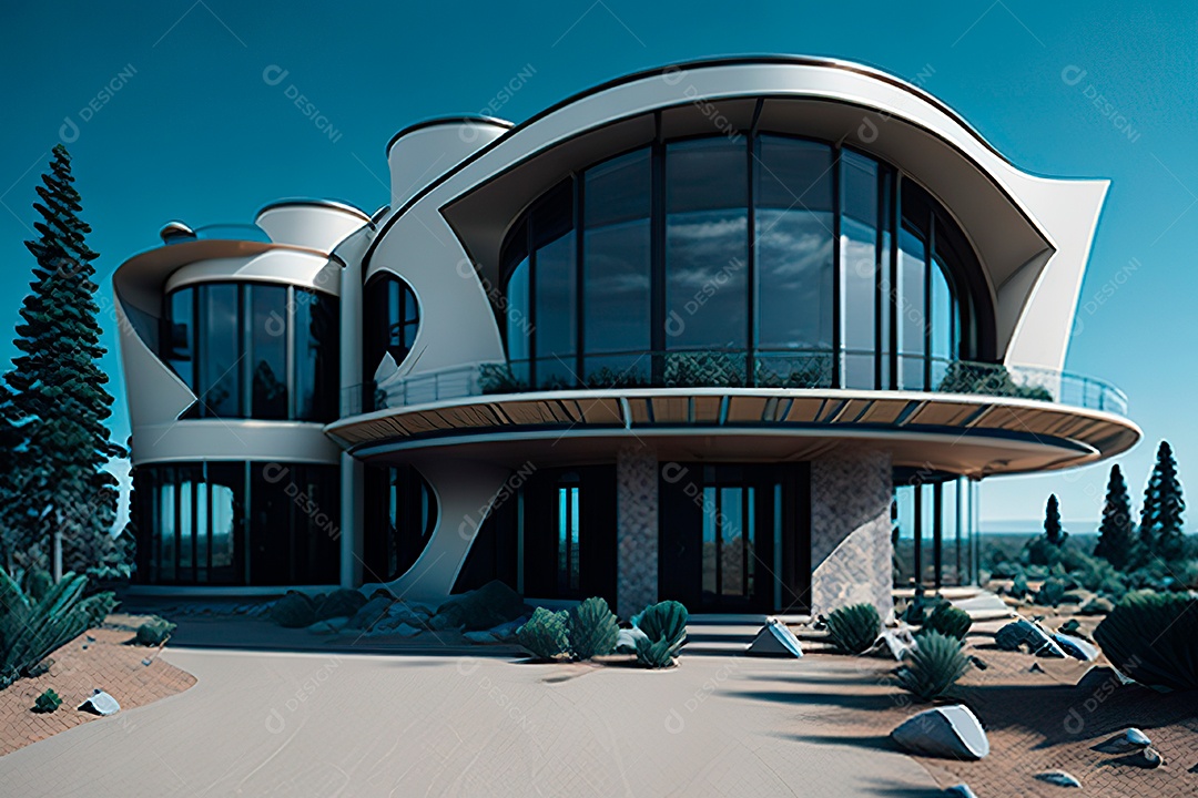 Vila 3D estilo sonhador imaginário retrô futurista casa moderna