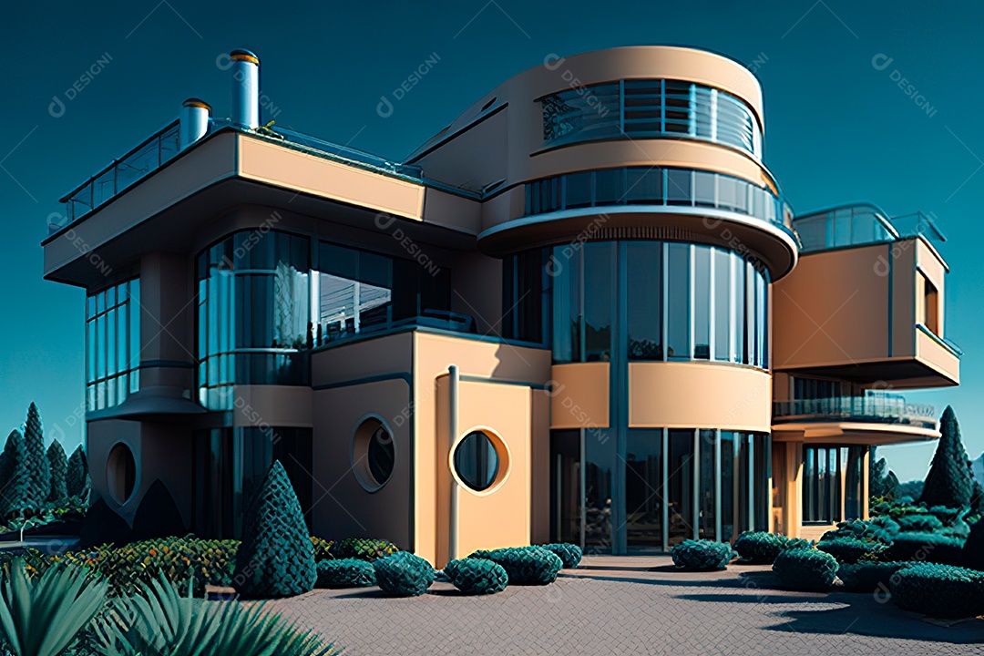 Vila 3D estilo sonhador imaginário retrô futurista casa moderna