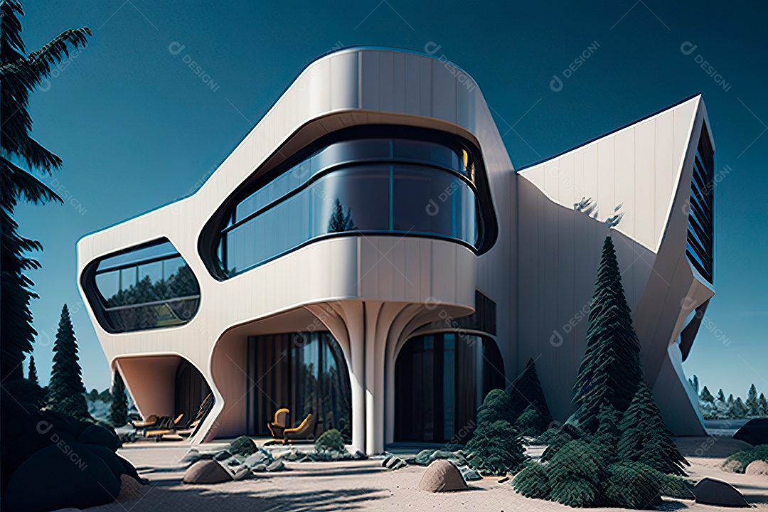 Vila 3D estilo sonhador imaginário retrô futurista casa moderna