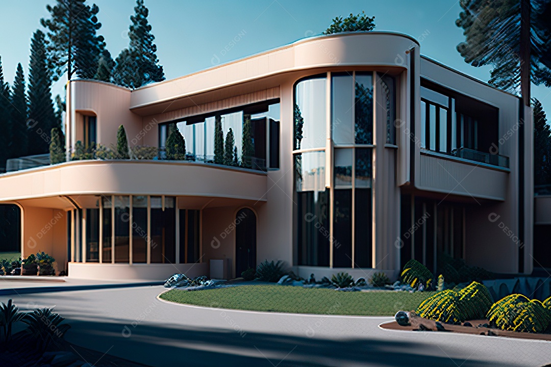 Vila 3D estilo sonhador imaginário retrô futurista casa moderna