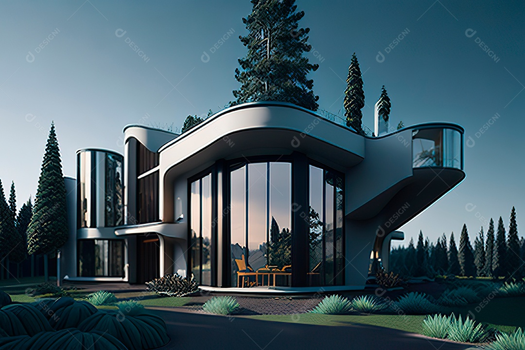 Vila 3D estilo sonhador imaginário retrô futurista casa moderna