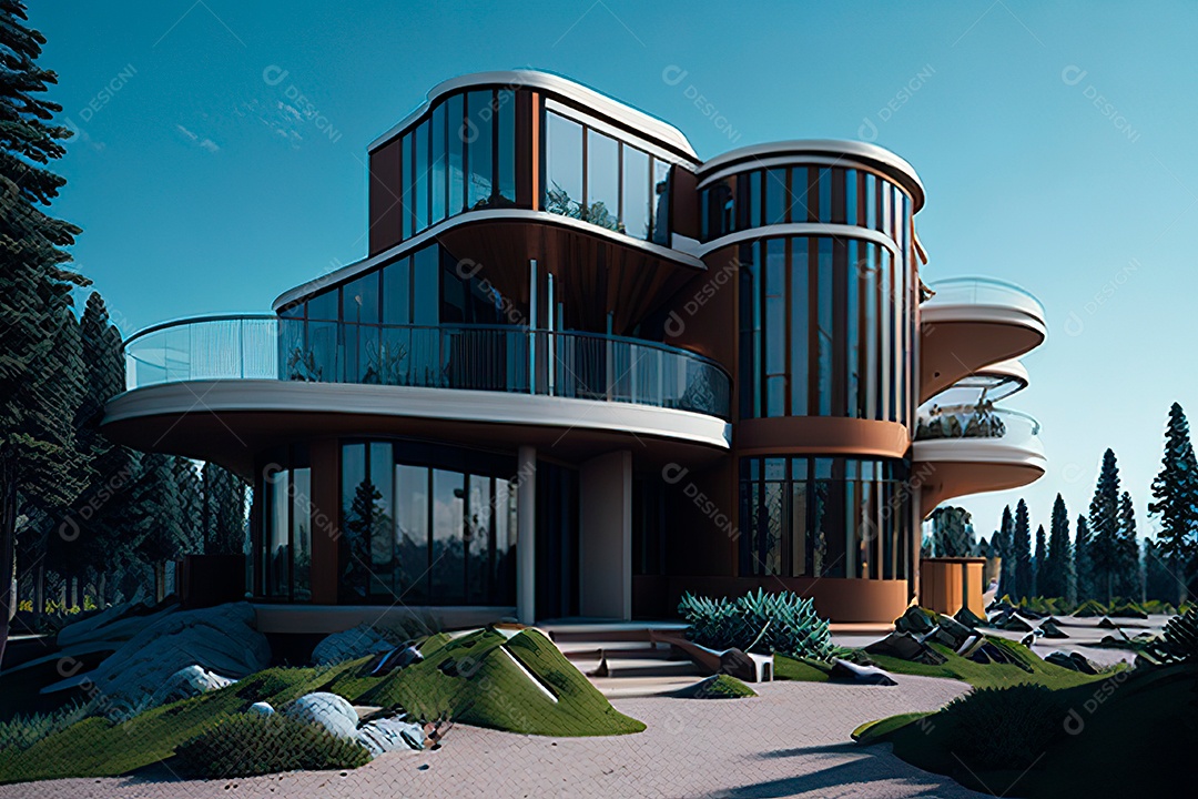 Vila 3D estilo sonhador imaginário retrô futurista casa moderna