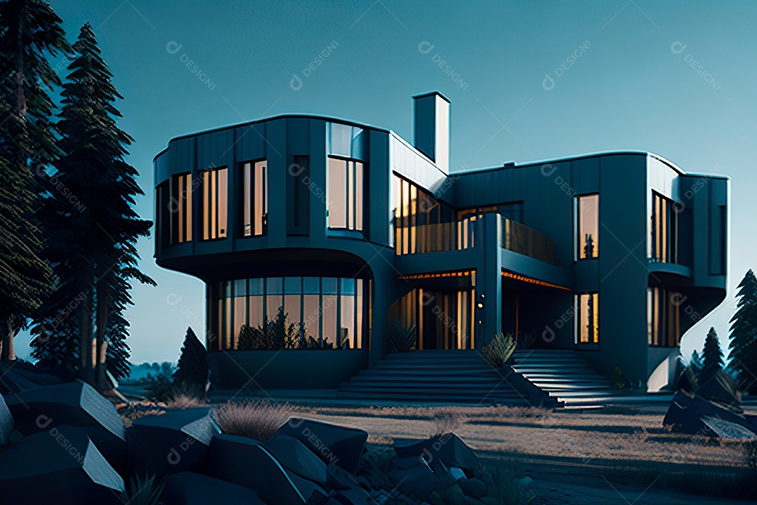 Vila 3D estilo sonhador imaginário retrô futurista casa moderna