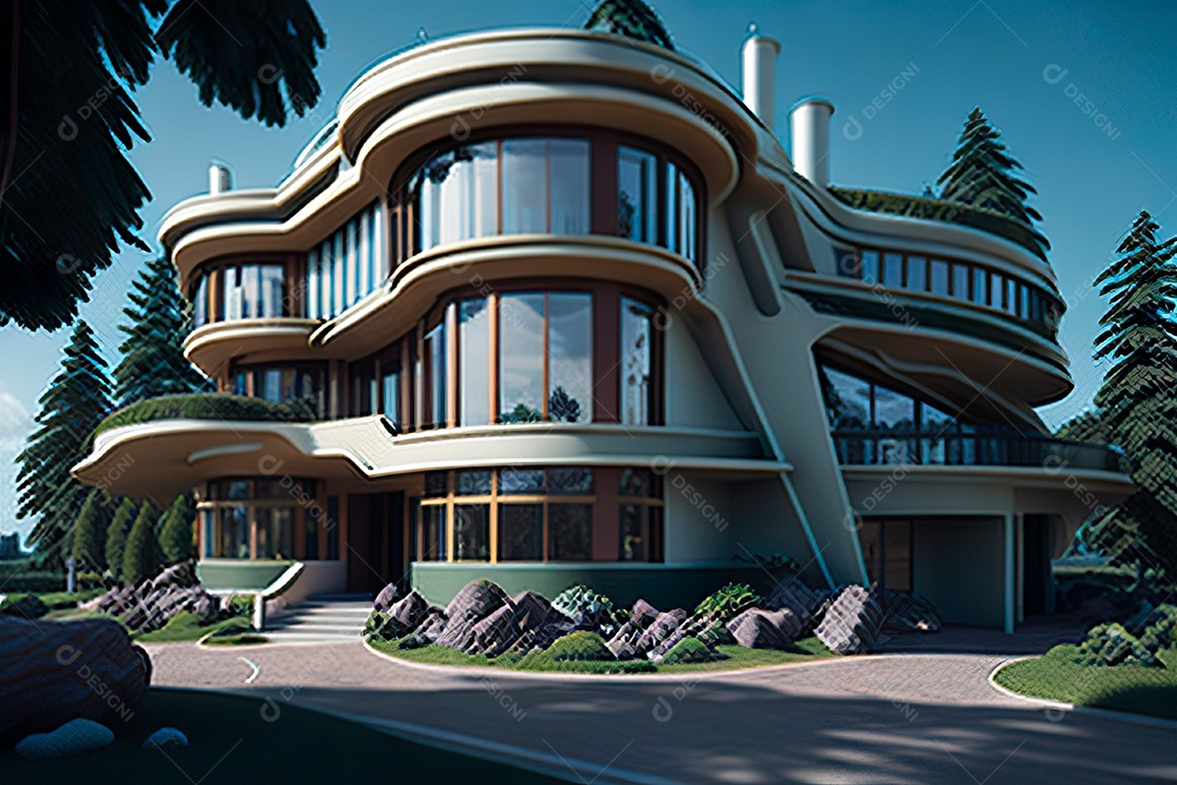 Vila 3D estilo sonhador imaginário retrô futurista casa moderna