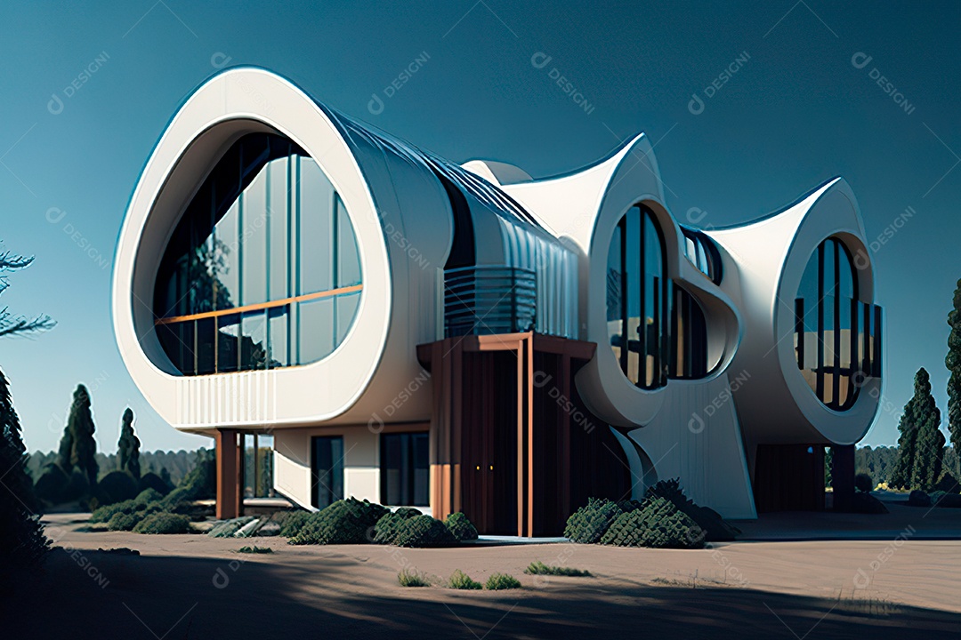Vila 3D estilo sonhador imaginário retrô futurista casa moderna