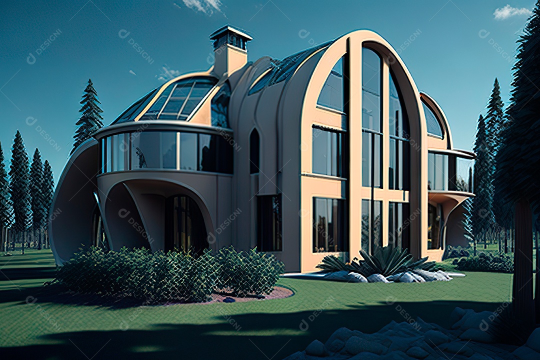 Vila 3D estilo sonhador imaginário retrô futurista casa moderna