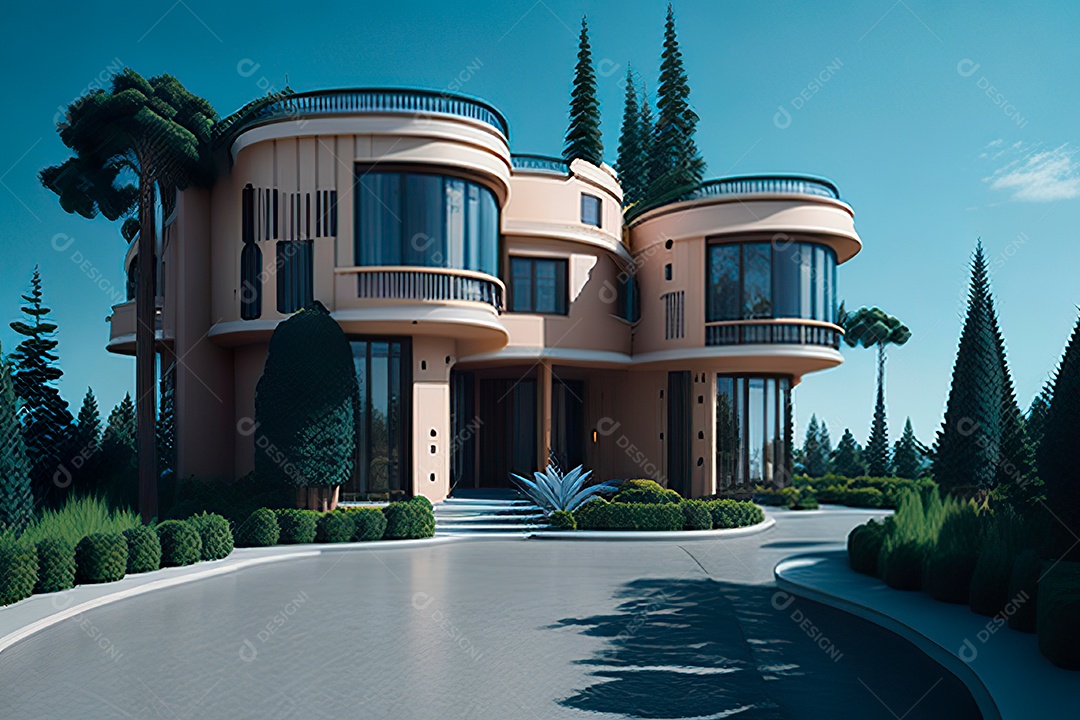 Vila 3D estilo sonhador imaginário retrô futurista casa moderna