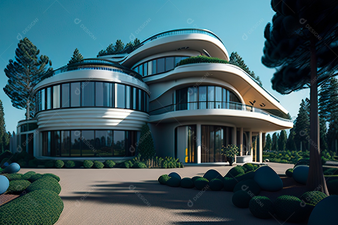 Vila 3D estilo sonhador imaginário retrô futurista casa moderna