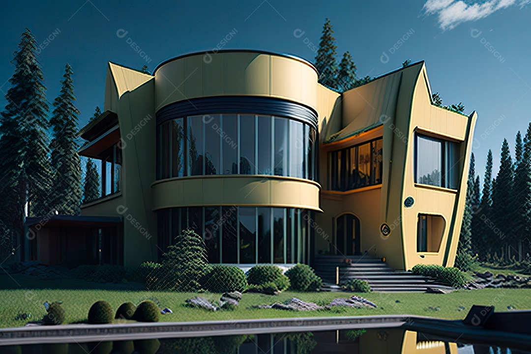 Vila 3D estilo sonhador imaginário retrô futurista casa moderna