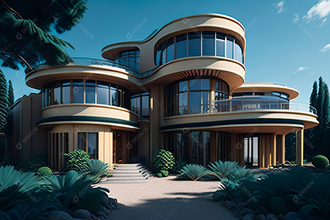 Vila 3D estilo sonhador imaginário retrô futurista casa moderna