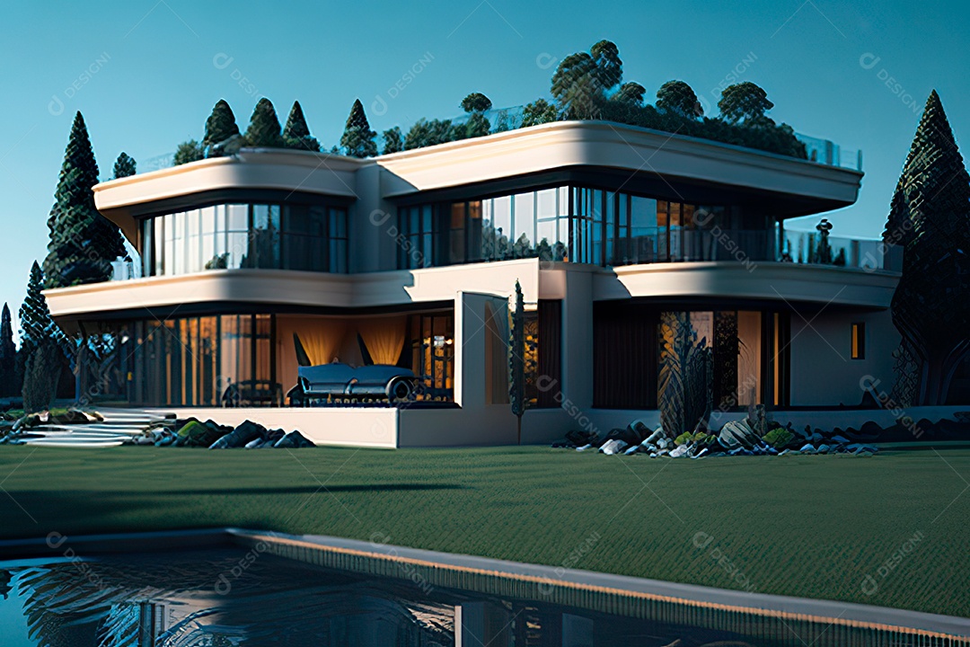 Vila 3D estilo sonhador imaginário retrô futurista casa moderna