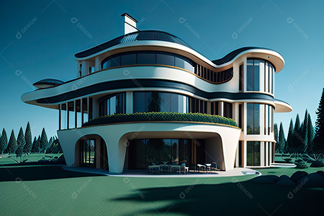 Vila 3D estilo sonhador imaginário retrô futurista casa moderna