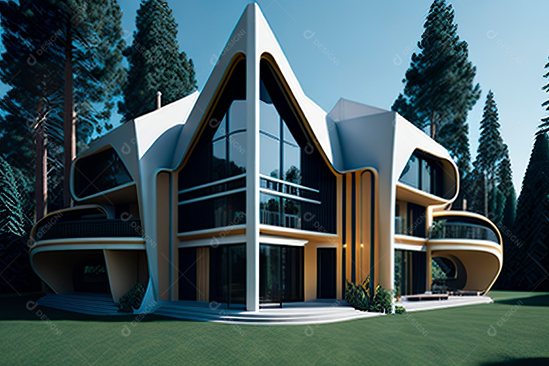 Vila 3D estilo sonhador imaginário retrô futurista casa moderna