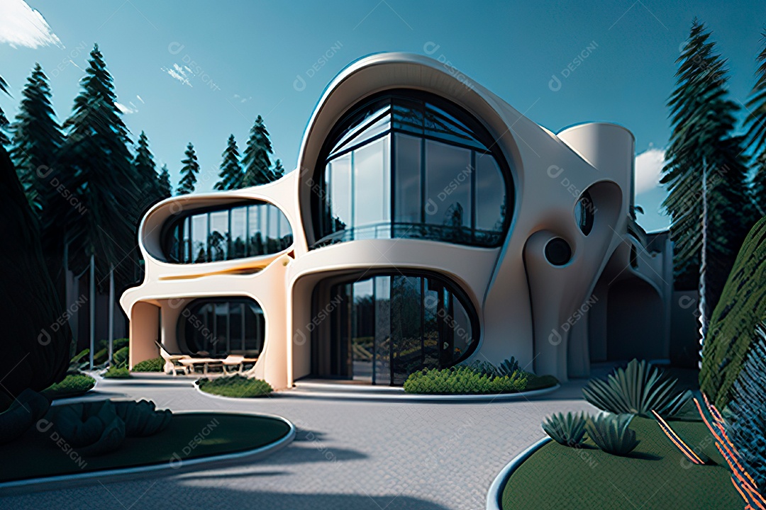 Vila 3D estilo sonhador imaginário retrô futurista casa moderna